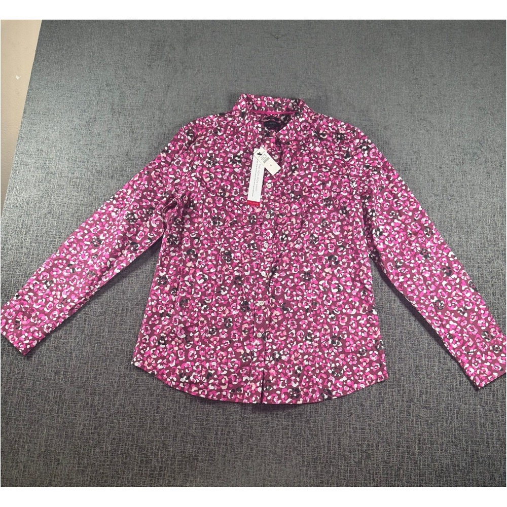 Talbots Non-Iron Shirt Womens 8 Pink Purple Leopard Animal Print Button Down NWT